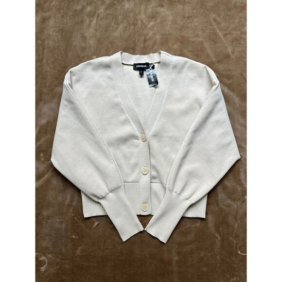 NWT Express Button Front V Neck Viscose Cardigan Sweater Women’s Sz Small Cream‎ - Picture 1 of 8